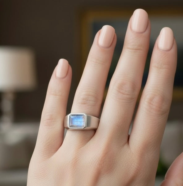 Signet Gypsy Ring- Rainbow Moonstone